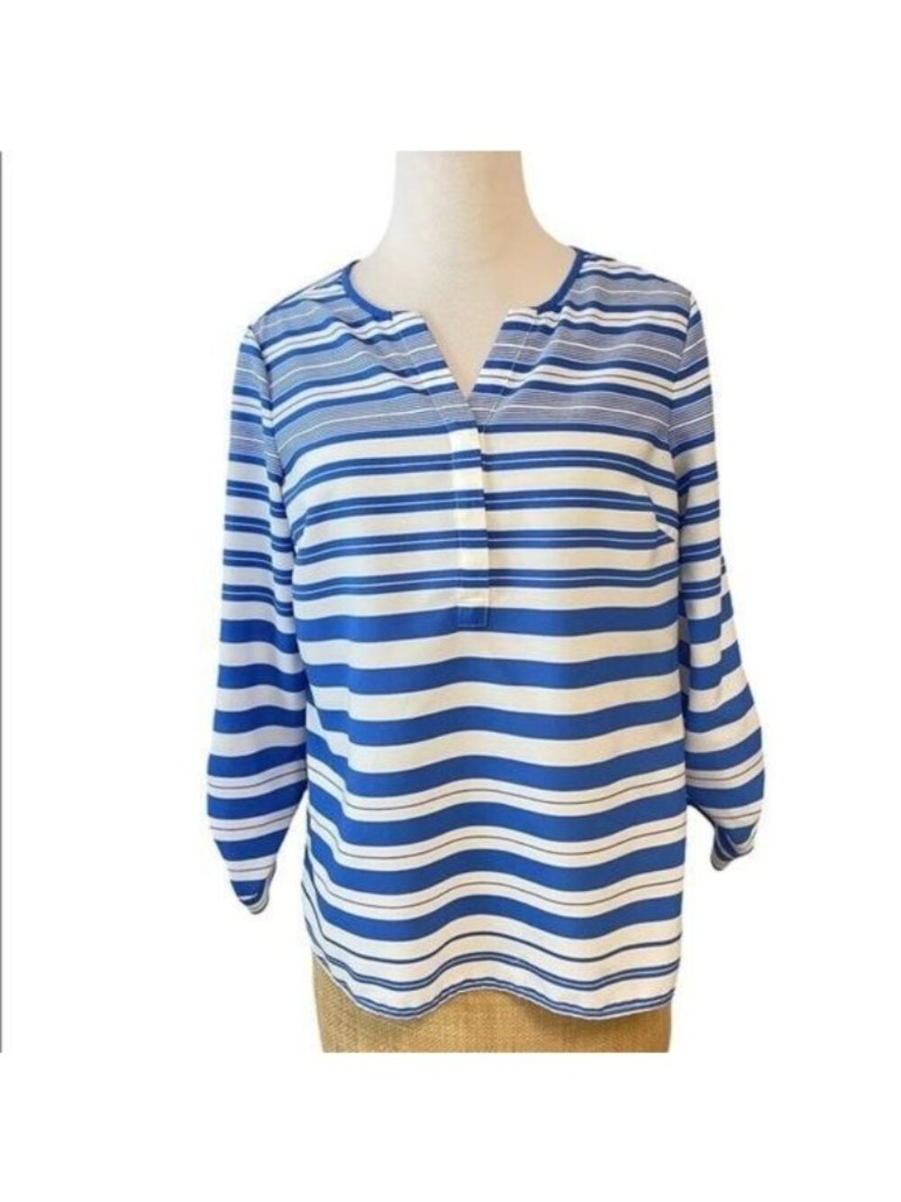 Talbots Blue Stripe Roll Tab Sleeve Blouse Top Medium Petite PM